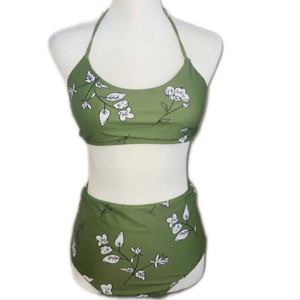 Floral Green Bikini Set, Tie Bandeau Top, High Waisted Bottoms, Medium